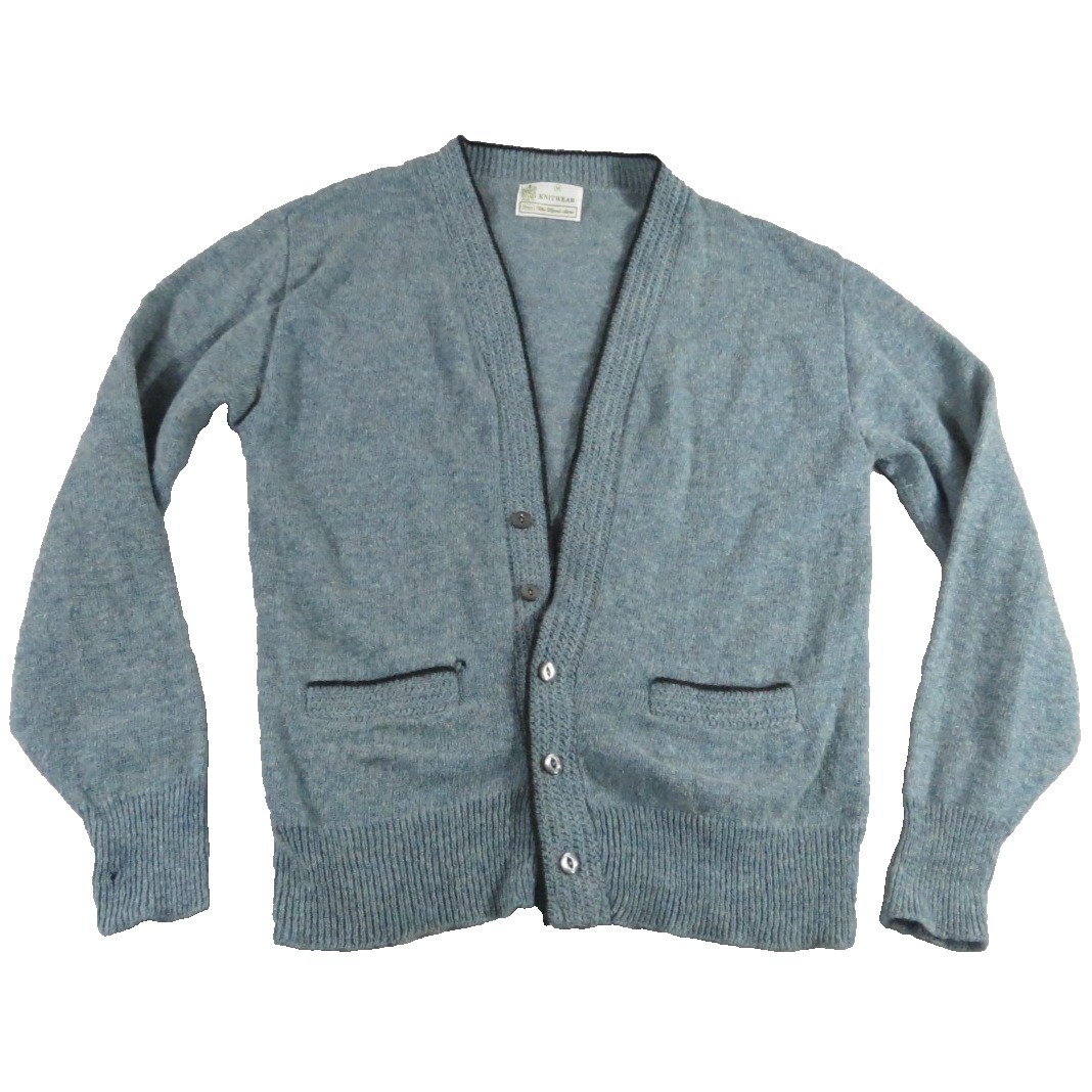 Sears Kings Road Vtg 70s Cardigan Lambswool Blue Sweater Men M Pocket Knit Flaw